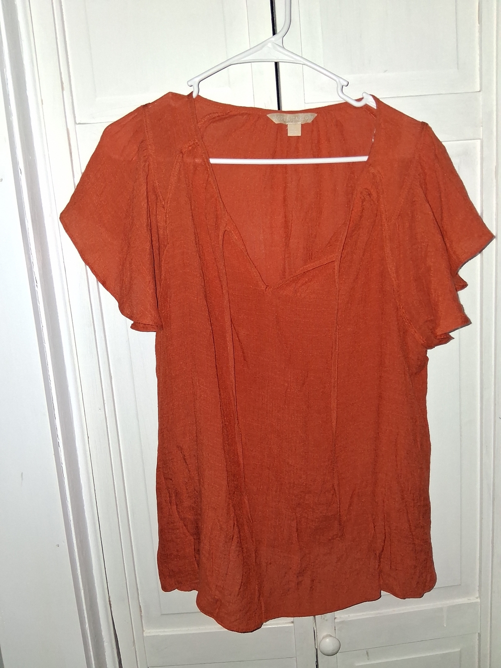 Hope & Harlow Flowy Rust Orange Flutter-Sleeve Blouse